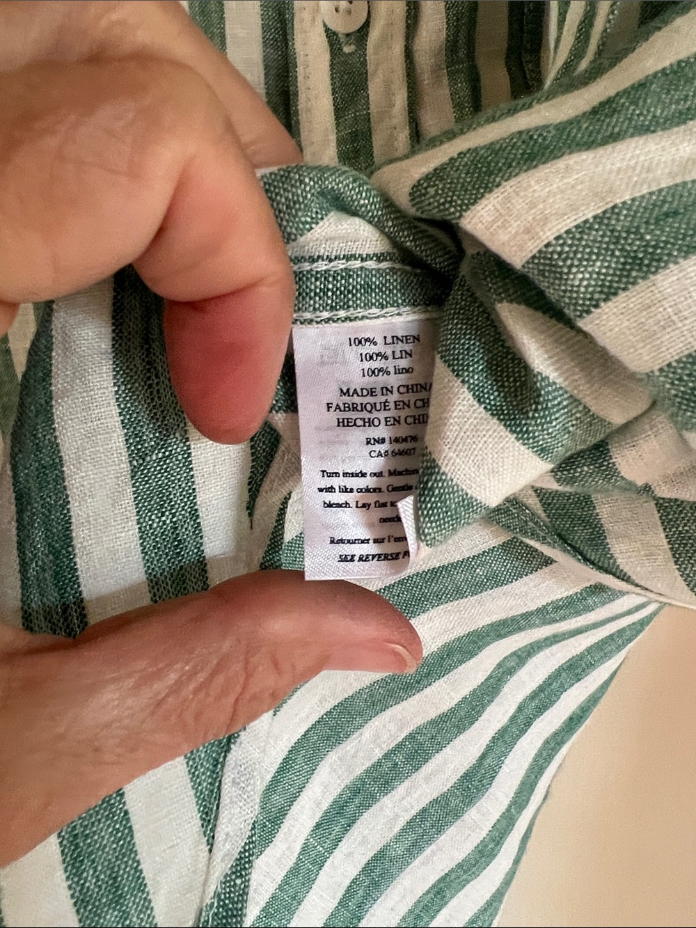 Faherty Green and White Striped Button-Down 100% linen Shirt - Picture 4 of 7